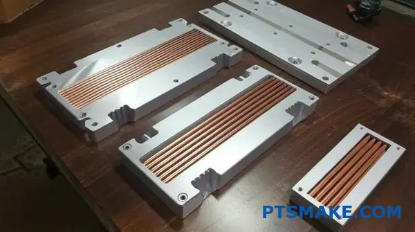 Various aluminum cold plates showing different liquid cooling manufacturing techniques for thermal management systems