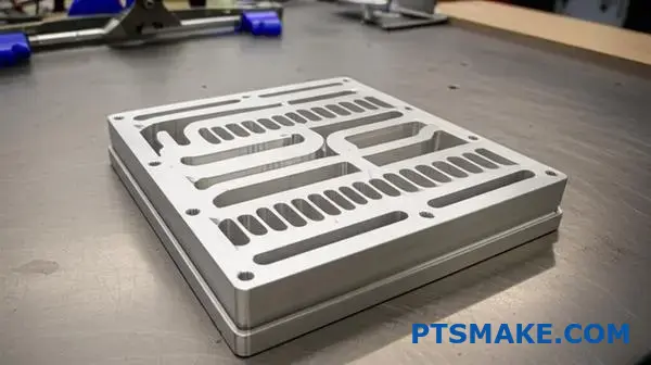 Aluminum cold plate displaying internal serpentine and parallel cooling channel configurations for liquid cooling systems