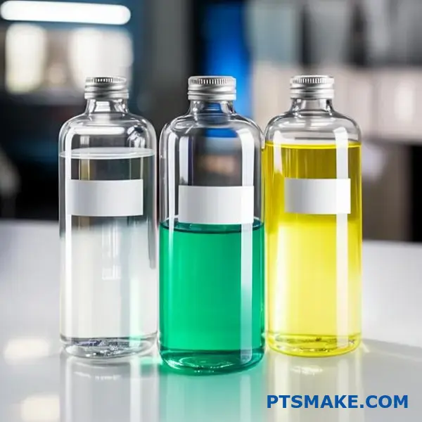 Three bottles of different cooling fluids for liquid cooling systems including water and glycol mixtures