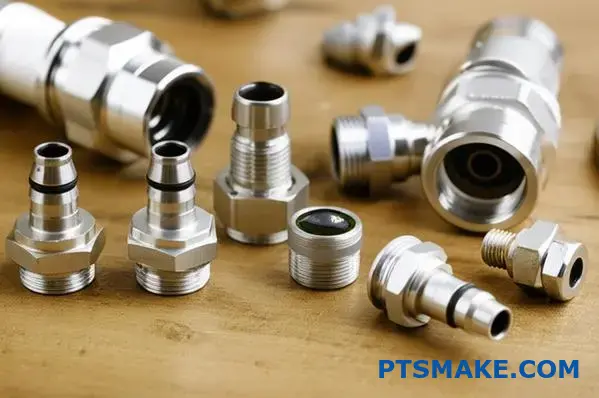 Various metal pipe fittings for liquid cooling systems displayed on workshop table showing different connector types