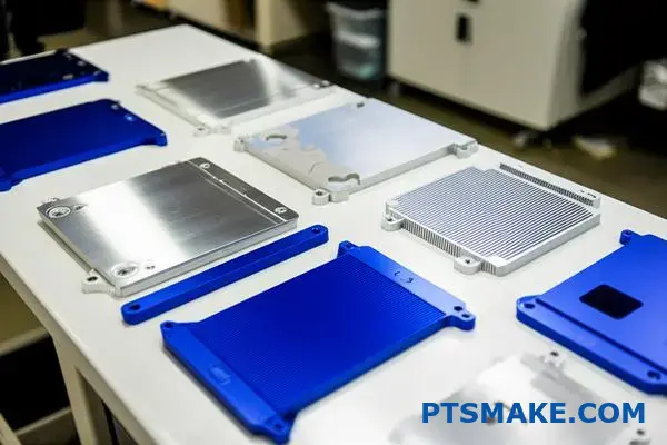 Различные алюминиевые охлаждающие пластины, демонстрирующие различные процессы производства и отделки поверхности для систем терморегулирования