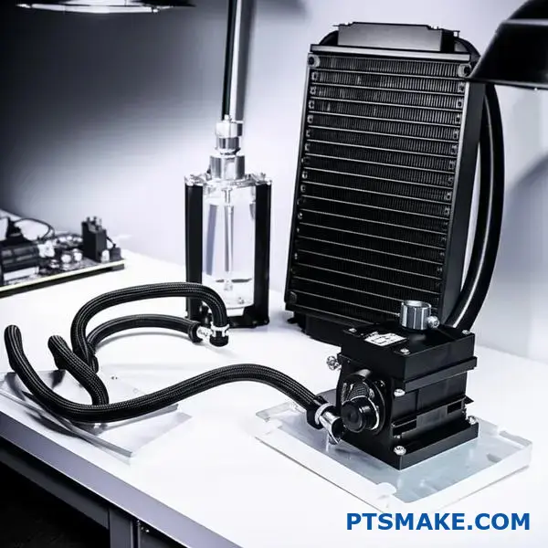 Все компоненты контура жидкостного охлаждения с терморегулирующей пластиной и вспомогательным оборудованием на верстаке