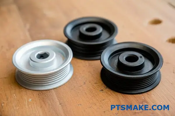 Tre kuggremskivor tillverkade av aluminium, stål och plastmaterial med olika ytbehandlingar och egenskaper för synkrona remsystem