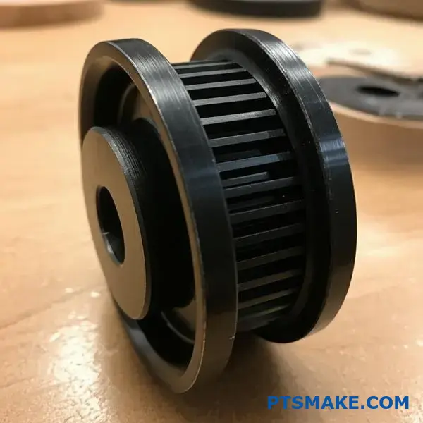 Synkronremskiva i svart aluminium med styrflänsar för positionering av remmen och tillförlitligt kugghjulssystem