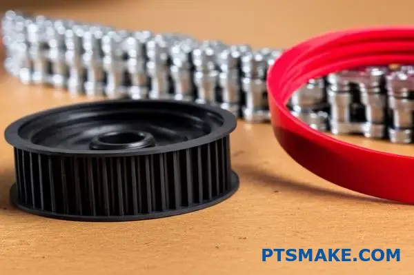 Tre mekaniska drivkomponenter, inklusive synkron remskiva, kedjemekanism och kilremssystem, visas på verkstadsytan