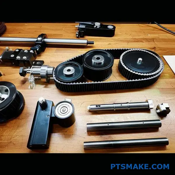Kompletta komponenter för kuggremssystem inklusive remskivor, rem, axlar och spännare placerade på arbetsytan