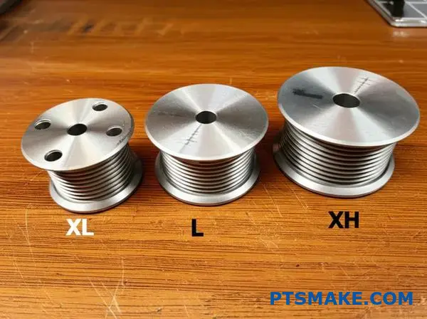 Tre kuggremskivor av aluminium med olika trapetsformade tandprofiler för remdrivningssystem
