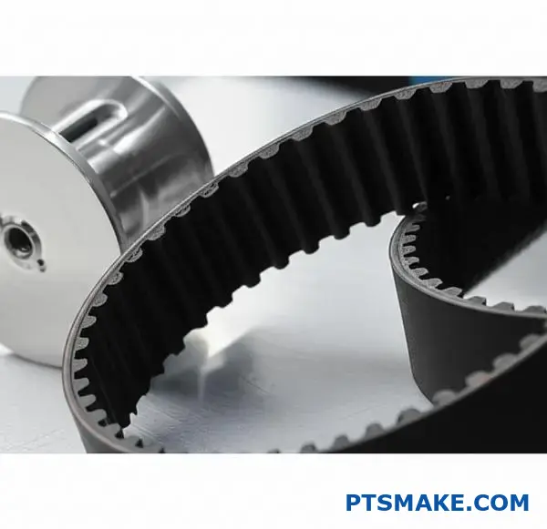 GT2-kuggremmen har en böjd tandprofil och är kopplad till en metallkuggremskiva med överlägsen spänningsfördelning