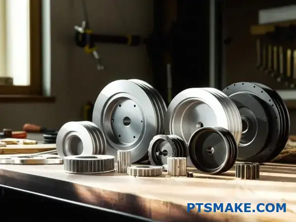 Olika kuggremskivor tillverkade av aluminium- och stålmaterial visas på ett verkstadsbord som visar materialskillnader