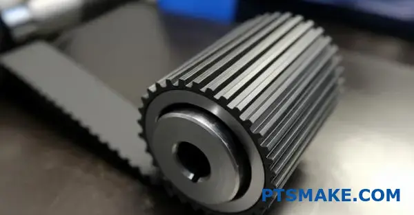 Detaljerad bild av synkronremständerna som passar perfekt till spåren på kuggremskivan, vilket visar att remdriften är kompatibel