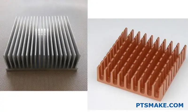 Side-by-side comparison of two heat sinks, one gray and one copper-colored.