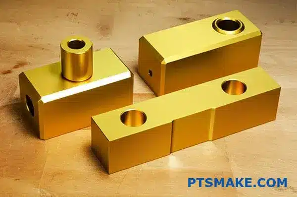 異なるアルミニウム合金部品が示す、金色陽極酸化表面処理のバリエーションと金属仕上げの品質