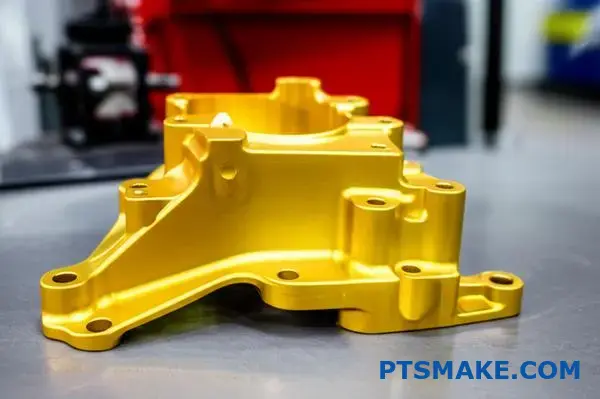 精密な金色アルマイト処理を施した自動車用ブラケット。厚い酸化皮膜と豊かな金色仕上げが作業場表面に現れている。