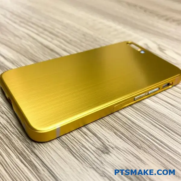 明るい金色に陽極酸化処理されたアルミニウム製スマートフォンケース。高級感あふれる金属表面仕上げと優れた発色性を実現。