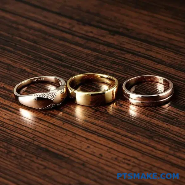 3つのゴールドリング。イエローゴールド、ディープゴールド、ローズゴールドなど、様々なゴールドの陽極酸化処理による色合いを表現。