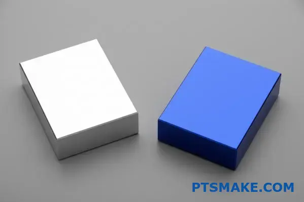 Comparison of transparent anodized and colored anodized aluminum components showing different surface treatments and finishes