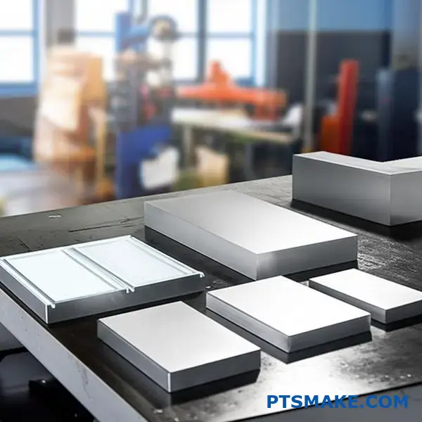 Various aluminum alloy samples displaying transparent anodized coatings and natural finishes on workshop surface