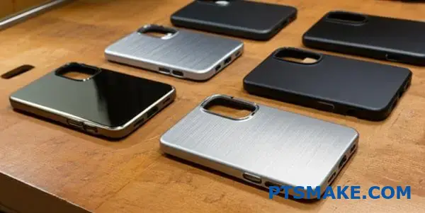 Three aluminum phone cases displaying various surface treatments and transparent coating clarity levels