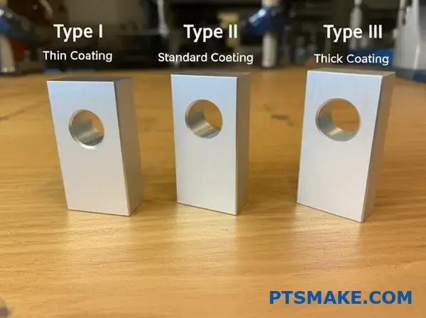 Clear anodized aluminum components showing different transparent coating thicknesses and surface finishes on work surface