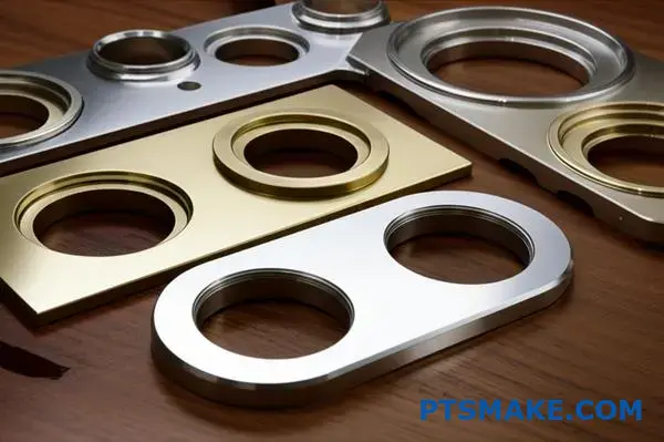 Various aluminum parts displaying different clear anodized surface finishes and appearance variations