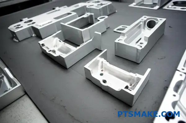 Aluminum components displaying various transparent anodized surface imperfections and coating irregularities on work surface