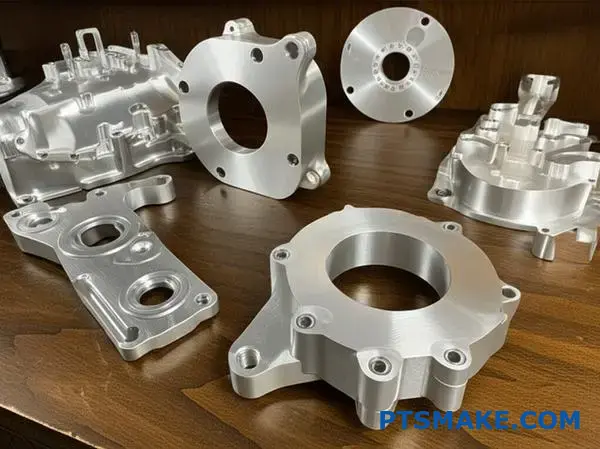 Multiple clear anodized aluminum automotive components displaying superior coating integrity and surface quality on workshop table