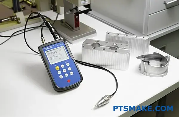 Professional eddy current gauge measuring anodized coating thickness on aluminum parts in industrial testing environment