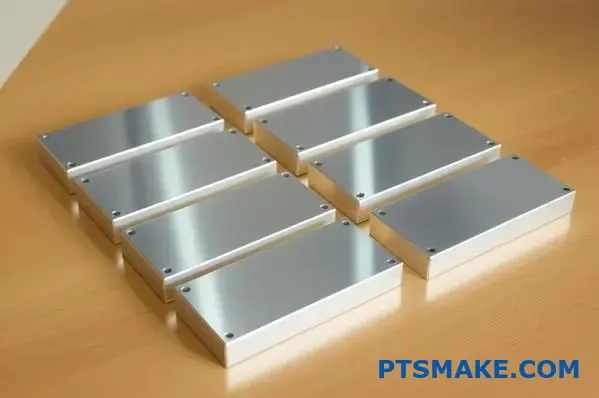 Multiple transparent anodized aluminum electronic enclosures displaying smooth reflective finish and precise manufacturing quality on wooden surface