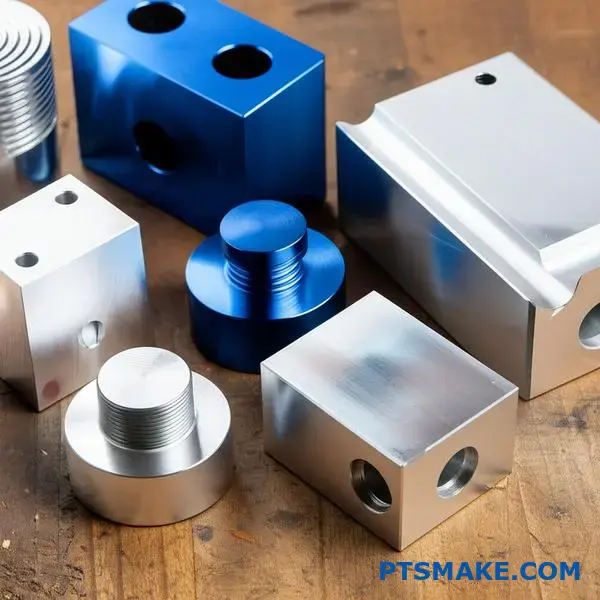 Clean anodized aluminum components with protective coating displayed on workshop surface for maintenance demonstration