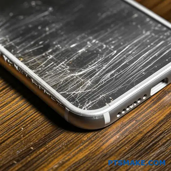 Close-up view of scratched anodized aluminum phone case showing surface damage and wear on dark wooden surface