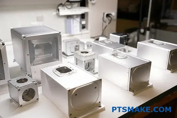 Multiple clear anodized aluminum housings and parts displayed on laboratory workbench showing transparent protective coating finish
