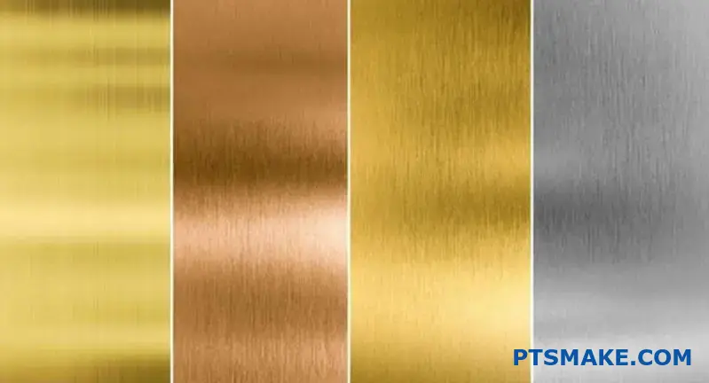 Fyra exempel på metallfinish: guld, koppar, mässing och silver