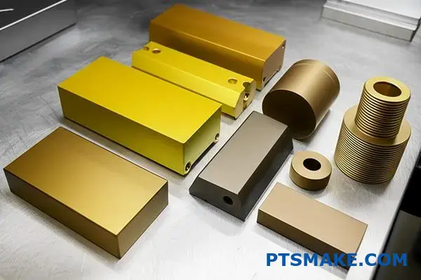 Verschiedene goldeloxierte Aluminiumkomponenten mit unterschiedlichen Goldoberflächen und Oberflächenbehandlungen auf einer Werkbank