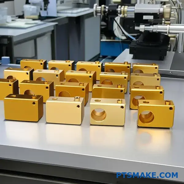 Verschiedene goldfarbene eloxierte Aluminiumkomponenten mit unterschiedlichen Farbtönen und Tiefen der Goldbeschichtung auf einer Laboroberfläche