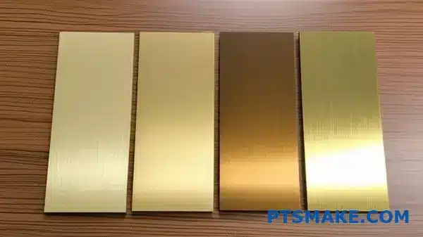 Vier goldfarben eloxierte Aluminium-Musterplatten mit unterschiedlichen Goldoberflächen von Champagner- bis Bronzetönen