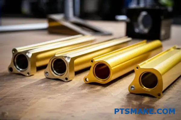 Mehrere goldfarbene eloxierte Aluminiumkomponenten, die verschiedene Goldbeschichtungsverfahren und Oberflächenvarianten im Arbeitsbereich zeigen.