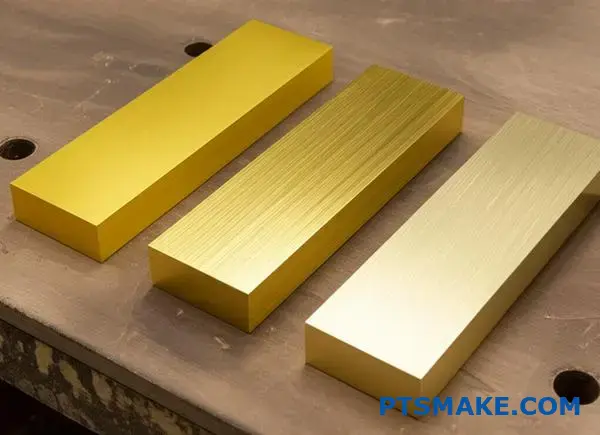 Drei goldfarbene, eloxierte Aluminiumblöcke mit polierter, sandgestrahlter und gebürsteter Oberfläche auf einem Holztisch