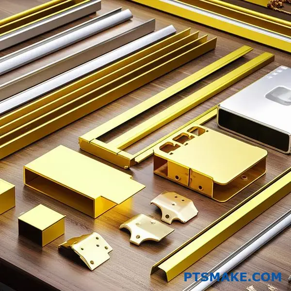 Verschiedene goldfarbene Aluminiumteile mit unterschiedlichen Eloxalgraden und Anwendungen auf der Arbeitsfläche