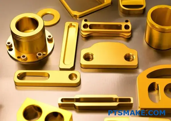 Verschiedene goldeloxierte Aluminiumkomponenten mit unterschiedlicher Komplexität und Größe, die sich auf die Eloxalkosten auswirken