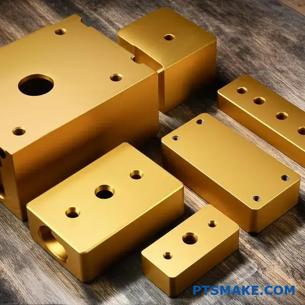 Verschiedene goldeloxierte Aluminiumkomponenten mit unterschiedlichen Goldoberflächen und Oberflächenbehandlungen auf der Werkstattfläche