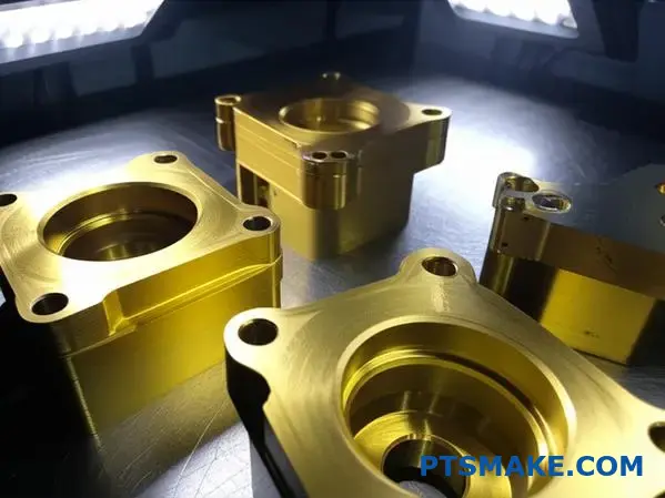 Gold eloxierte Aluminiumkomponenten mit üblichen Herstellungsfehlern, darunter Farbabweichungen und Abweichungen in der pulverförmigen Oberflächenstruktur