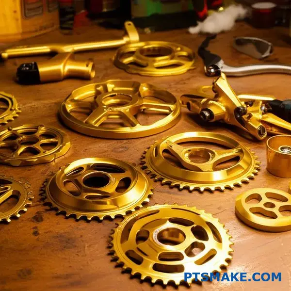 Hochwertige Fahrradkomponenten aus goldfarben eloxiertem Aluminium mit glänzender Metalloberfläche und präziser Fertigungsqualität