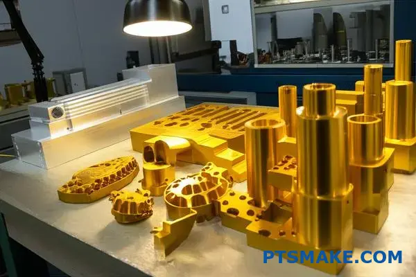 Verschiedene Phasen der Herstellung von goldeloxierten Aluminiumkomponenten, die Rohmaterialien, bearbeitete Teile und fertige goldeloxierte Teile auf einem Werkstatttisch zeigen.