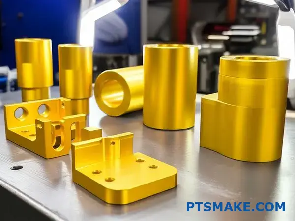 Golden eloxierte Aluminiumkomponenten mit glänzender Metalloberfläche und präziser Fertigungsqualität auf der Werkstattfläche