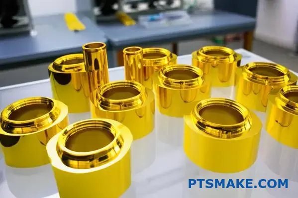 Mehrere goldeloxierte Aluminiumkomponenten mit einheitlicher goldener Oberfläche und gleichbleibender Oberflächenqualität auf einem Labortisch