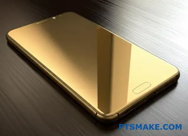 Hochwertiges Smartphone aus goldfarben eloxiertem Aluminium mit glänzender Metallic-Oberfläche, präsentiert auf einer Holzoberfläche.