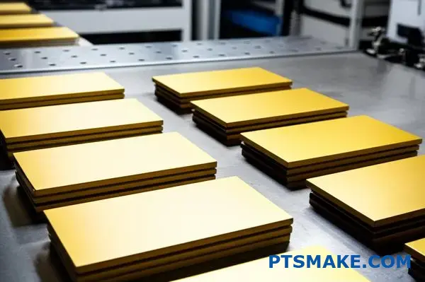 Verschiedene goldeloxierte Aluminiumproben zur Darstellung der Farbabweichungsanalyse für die Qualitätskontrolle der Chargenkonsistenz