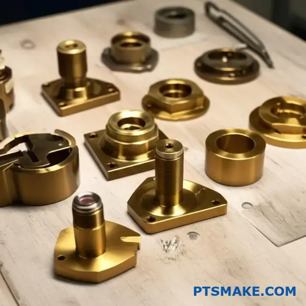 مكونات من الألومنيوم المطلي بالبرونز الذهبي مع تباينات لونية من اللون الشمبانيا على سطح مساحة العمل