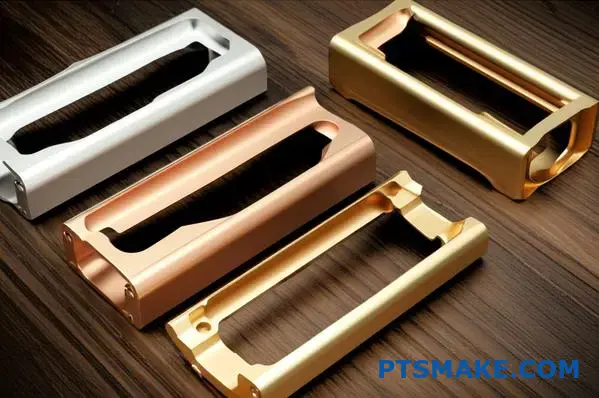 عدة أغطية من الألومنيوم المؤكسد باللون الذهبي تعرض اختلافات في اللون الشمبانيا على سطح خشبي لمقارنة معايير الألوان