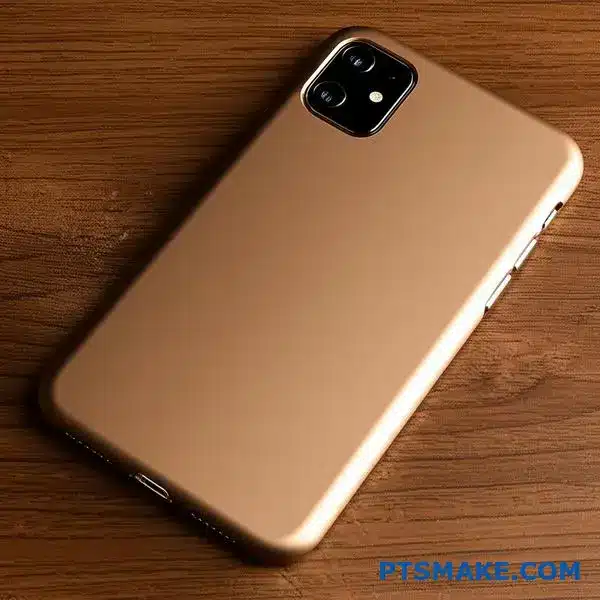 حافظة هاتف من الألومنيوم المطلي بالبرونز الذهبي مع لمسة نهائية معدنية أنيقة بلون الشمبانيا على سطح خشبي